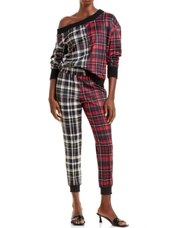 Alice + Olivia Natalie Mix Plaid Off The Shoulder Sweatshirt - Picture 11 of 12